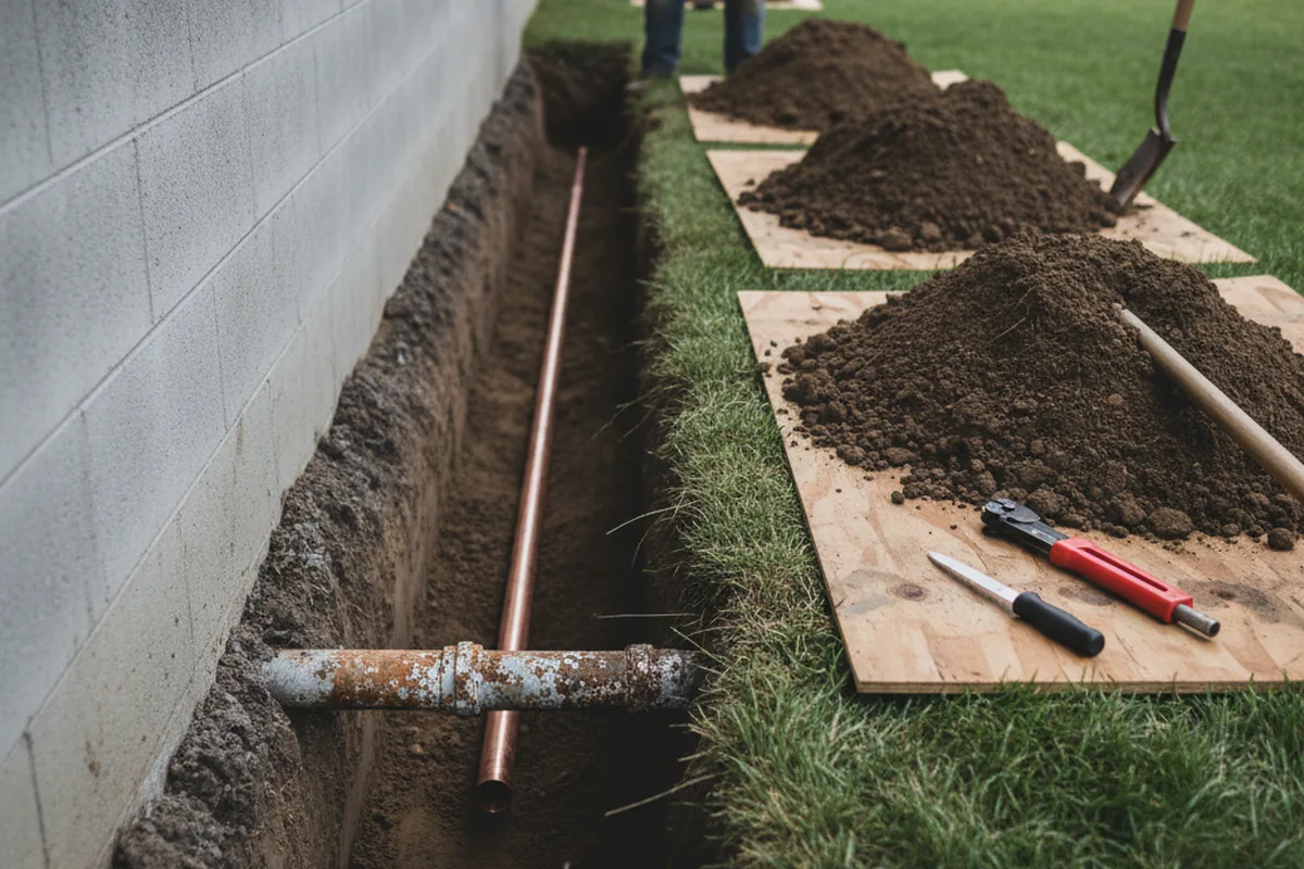 Excavated water line trench during Sewer Line Repair in Centre